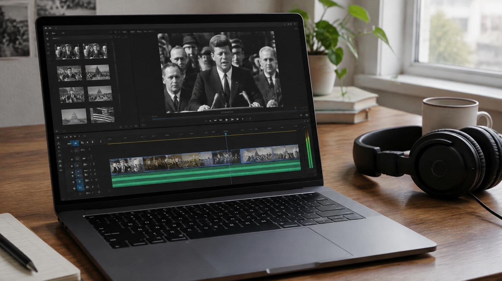 Laptop screen showing video editing software with archive footage