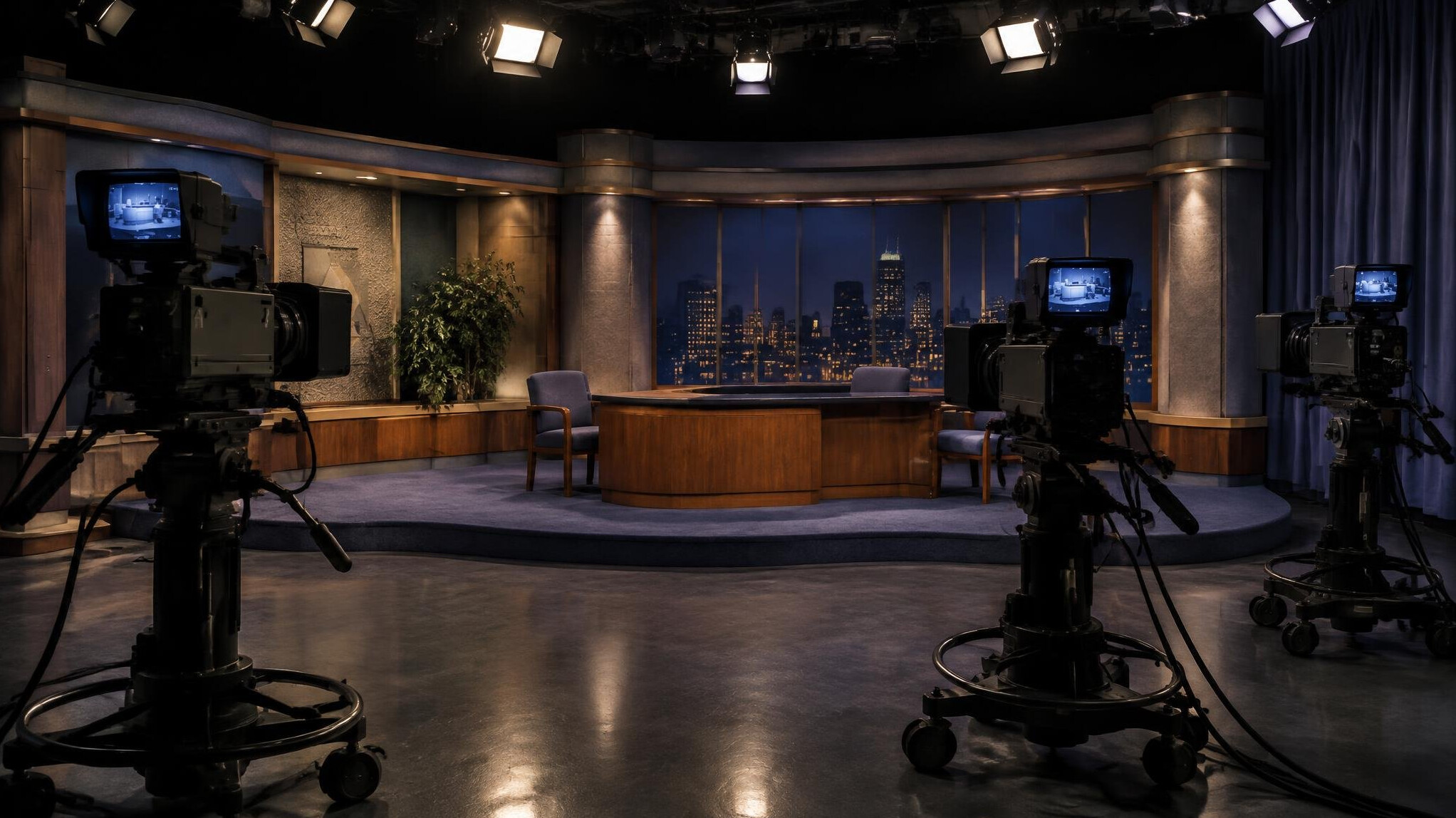 Empty vintage television studio set with cameras