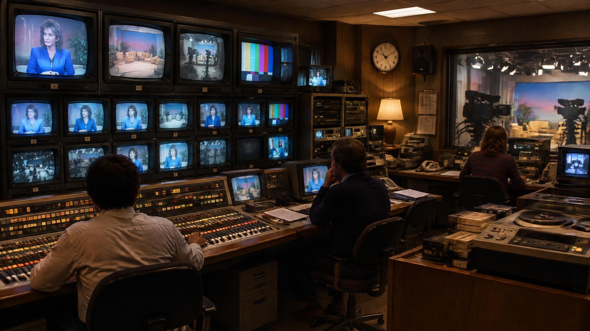 Vintage television studio control room with analog monitors