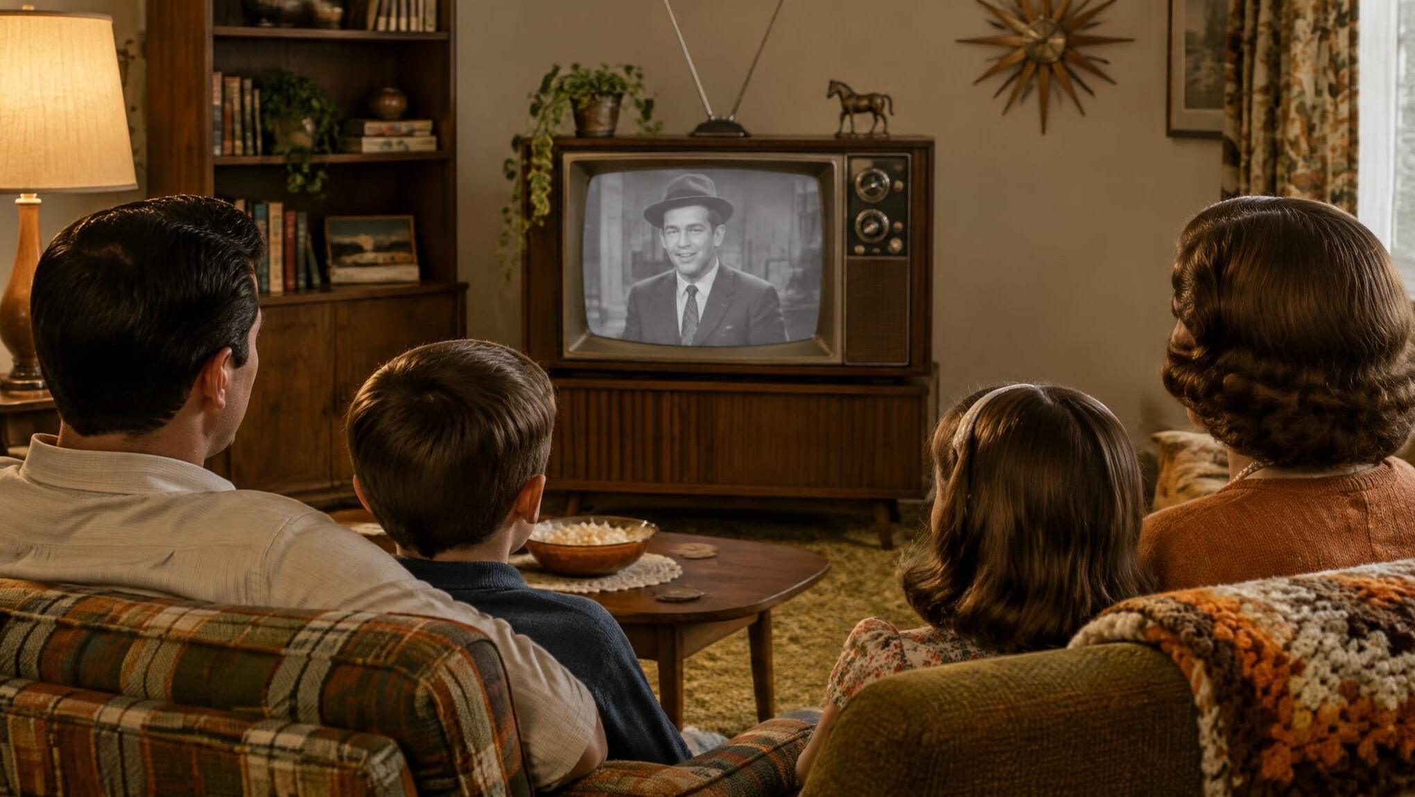 family watching old tv
