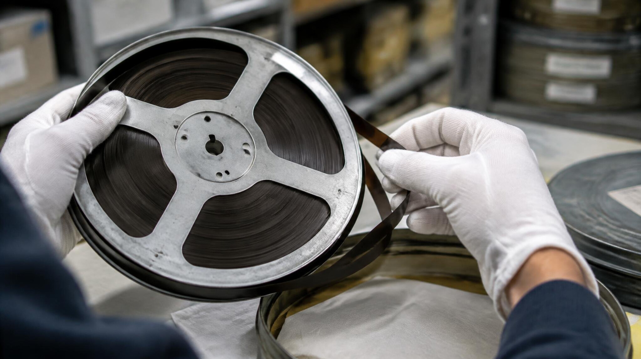 Technician handling old video tapes in an archive
